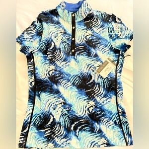 TAIL Mock Neck Short Sleeve GOLF Shirt Blue and Black Button-Up Placket  size S